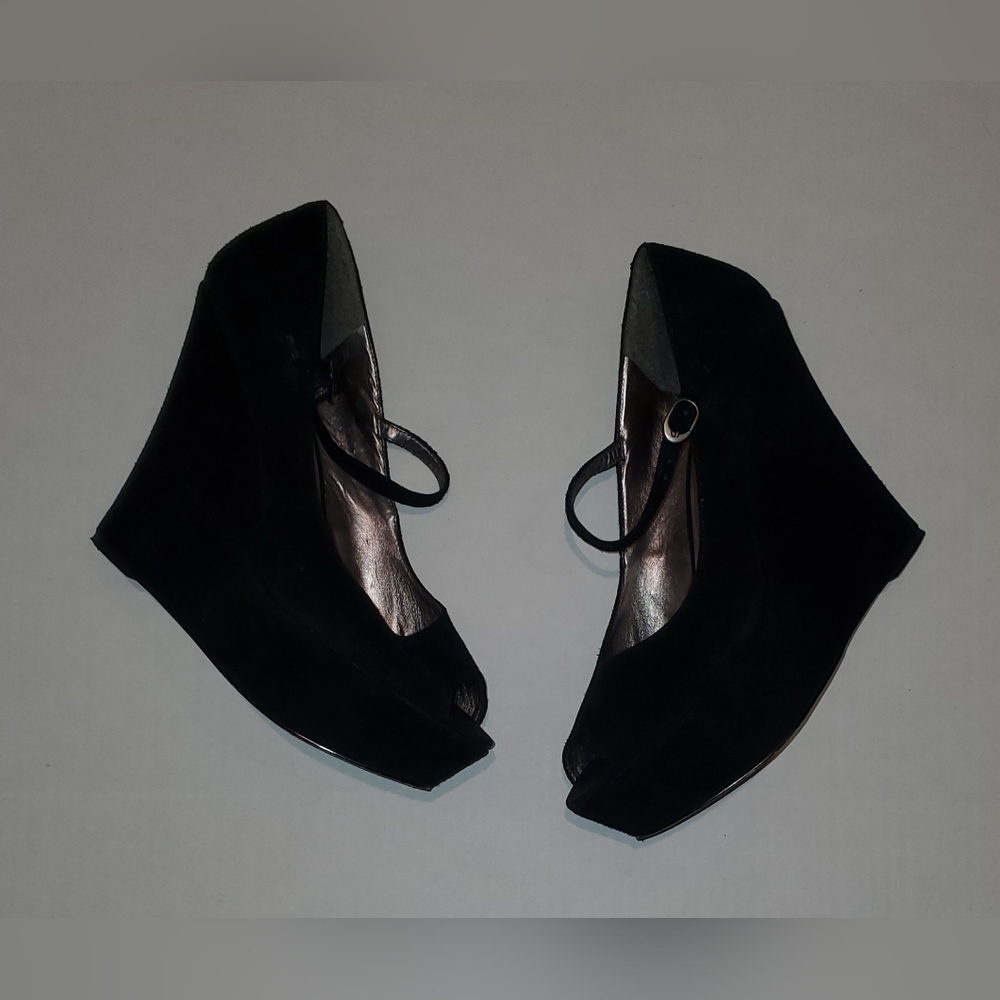 Steve Madden Sofiaa Suede Black Wedge Peep Toe Shoes Sz 10